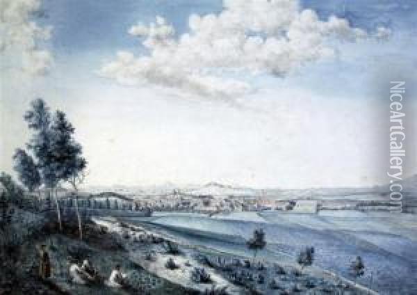 Figures On A Hillside Sketching A Town Oil Painting - Johann Carl August Richter