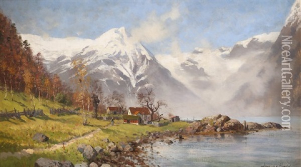 Fjordlandskap Med Gard Og Folkeliv Oil Painting - Frithjof Smith-Hald