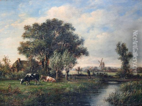 River Scene With Cattle Grazing And Atraveller On A Pathway, With A Windmill Beyond Oil Painting - Johannes Matthijs Hoogbruin