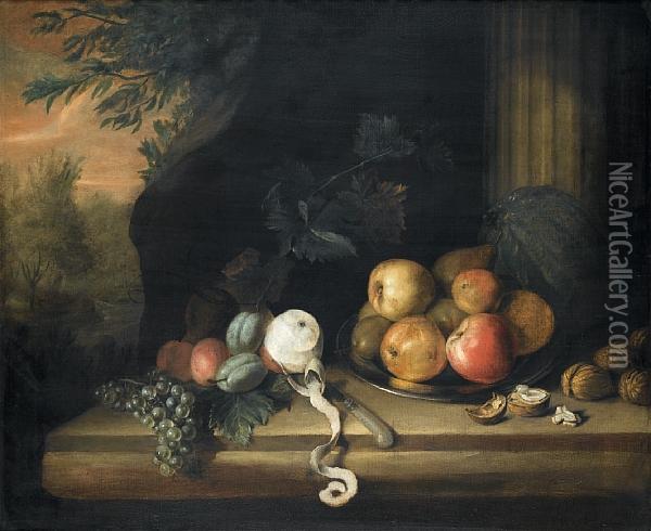 Apples, A Melon, Grapes, A Peeled Lemon And Walnuts Oil Painting - William Sartorius