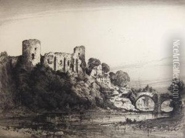 View Of A Ruined Castle And Stone Bridge Oil Painting - Albany E. Howarth