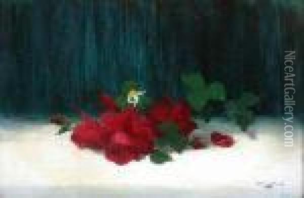 A Still Life Of Scarlet Roses Oil Painting - James Stuart Park