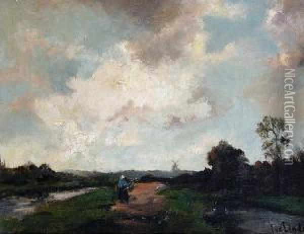 A Figure Walking Beside A Canal Oil Painting - Jan Van Der Linde