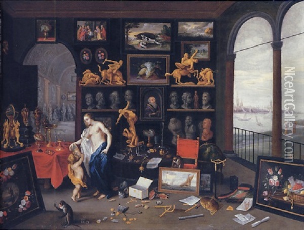 An Allegory Of Sight: A Collector's Cabinet, A View Of Antwerp Beyond Oil Painting - Jan van Kessel the Elder