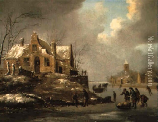 Winterlandschaft Mit Schlittschuhlaufern Oil Painting - Nicolaes Molenaer