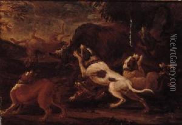 Hounds Attacking Lions; And Hounds Attacking A Bull Oil Painting - Abraham Hondius