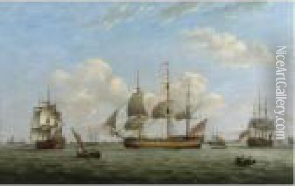 Men-of-war Hms Mariana , Earl Of Chatham And Achilles Off A Coastal Town Oil Painting - Thomas Luny
