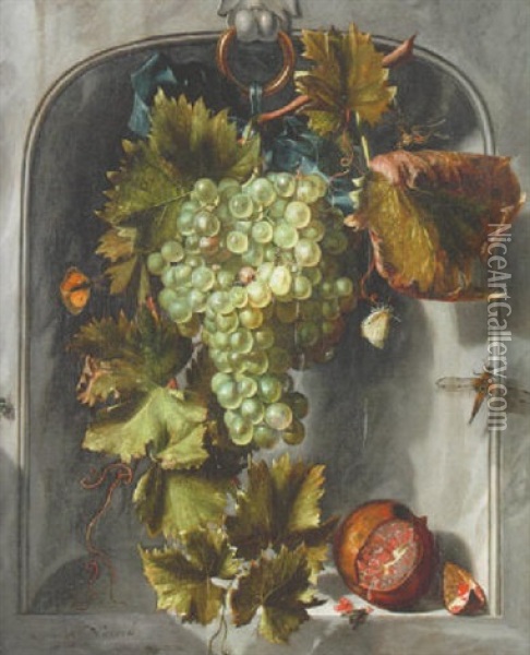 Stilleben Med Druvklase, Granatapple Och Insekter Oil Painting - Matthys Naiveu