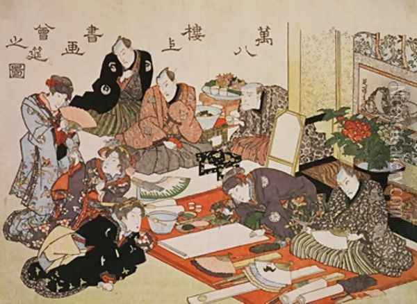 Painting and calligraphy party at the Manpachiro teahouse Oil Painting - Utagawa Kunisada