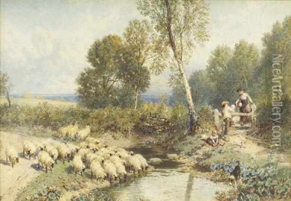R.w.s. Summer Landscape With 
Children Beside A Wooden Stile, A Dog And Sheep Watering Beside A 
Stream, An Extensive Landscape Beyond Signed With The Artist's Monogram,
 Also Inscribed With The Artist's Name On The Original Frame, Together 
With Biog Oil Painting - Myles Birket Foster