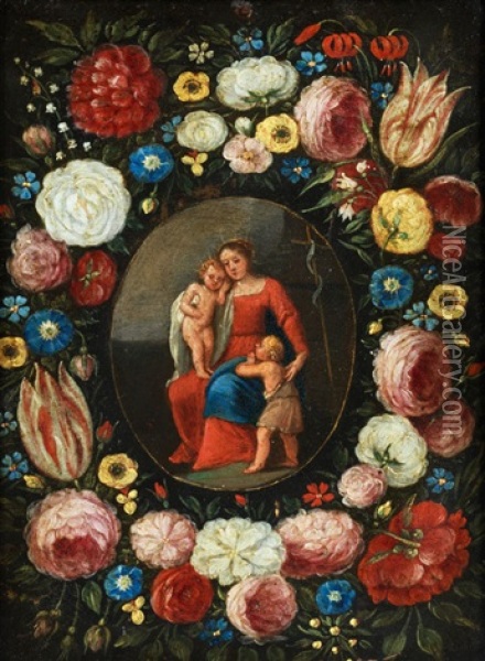 Madonna Mit Kind Und Johannesknaben In Einer Blumengirlande Oil Painting - Pieter Bruegel the Elder