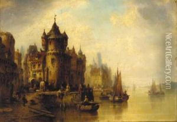 A Town On A River Oil Painting - Ludwig Herrmann