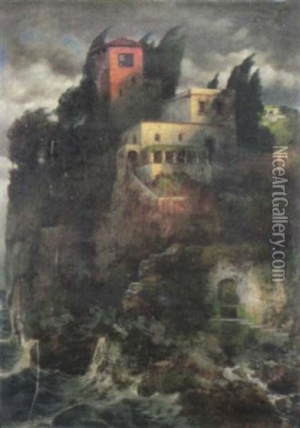 Sudlandische Villa Am Meer Oil Painting - Traugott Hermann Ruedisuehli