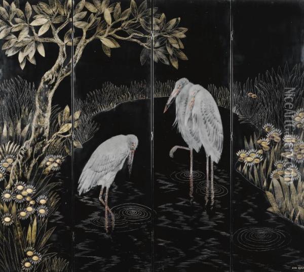 'marabou Storks' Four Panel Screen Oil Painting - Jean Dunand