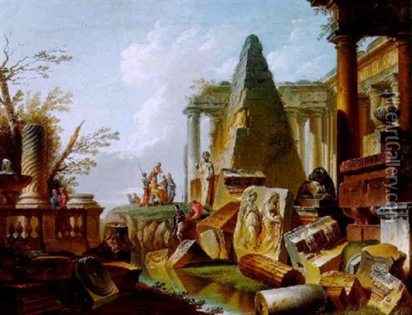 Romisches Capriccio Mit Der Cestiuspyramide Und Figuren Oil Painting - Giovanni Paolo Panini