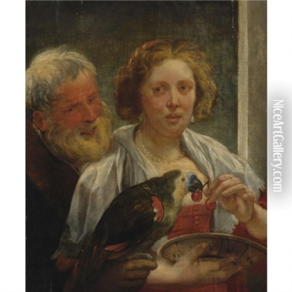 A Bearded Man And A Woman With A Parrot: Unrequited Love Oil Painting - Jacob Jordaens