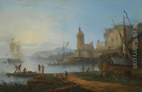 A Mediterranean Sea Port Oil Painting - Jean-Baptiste Lallemand