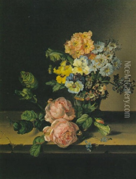 Still Life With Flowers On A Ledge Oil Painting - Willem Hekking
