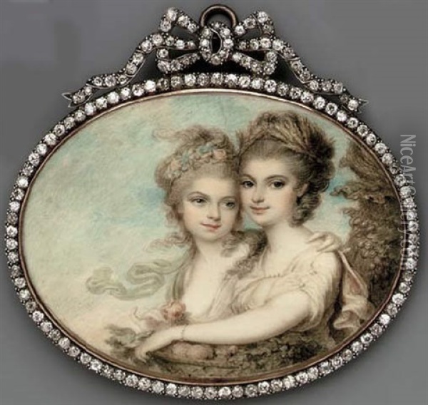 The Aston Sisters: Lady Legard And Mrs. Hedges As Flora And Ceres, Their Arms Around One Another Oil Painting - Samuel Shelley