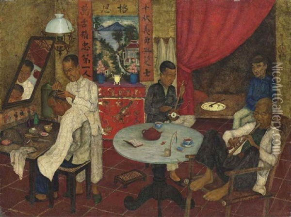 A Chinese Barber's Shop Oil Painting - Ernst Agerbeek