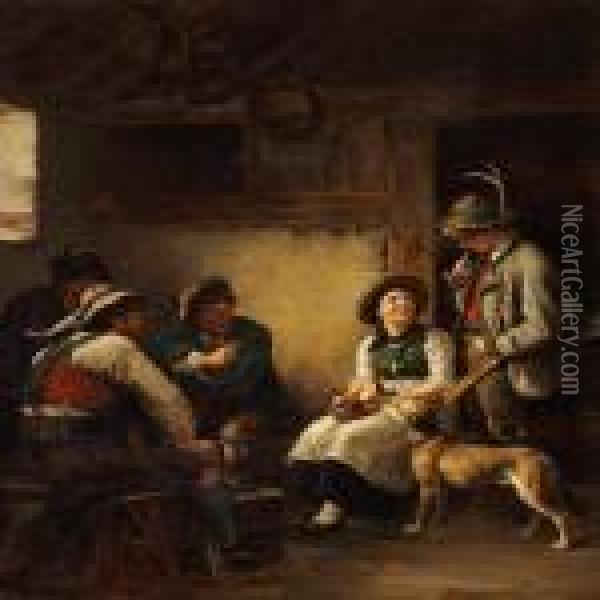 Interior With Four Mountain Hunters And A Young Girl In Thealps Oil Painting - Franz Von Defregger