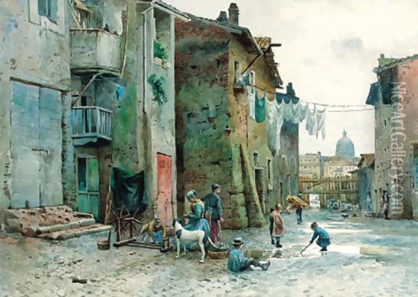 A Roman backstreet, St Peter's beyond Oil Painting - Ettore Roesler Franz