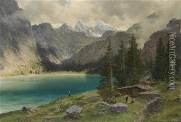 Landschaftsidylle Am Gebirgssee, Obersee ? Oil Painting - Josef von Schloegl