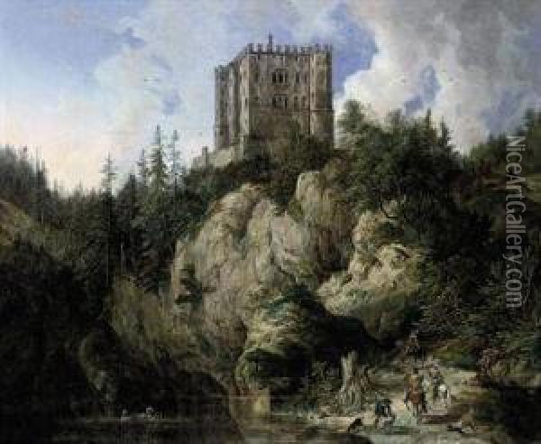 A Hawking Pary In A Rocky Landscape, A Castle Beyond Oil Painting - Domenico Quaglio