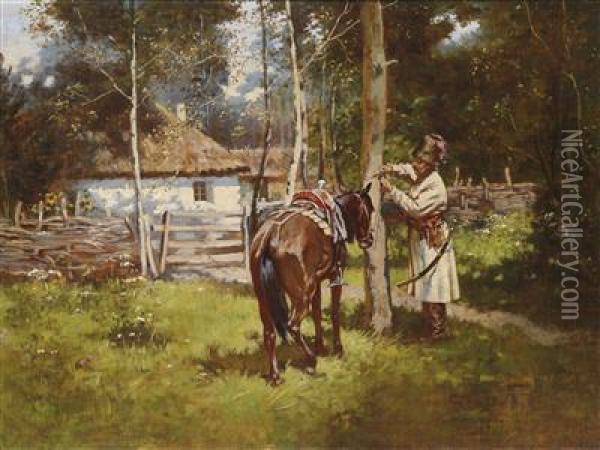 Zaporozhian Cossack Returning Home Oil Painting - Mikolai Ivasiuk