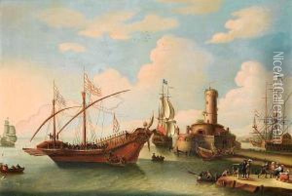 Shipping In A Mediterranean Port Oil Painting - Cornelis de Wael