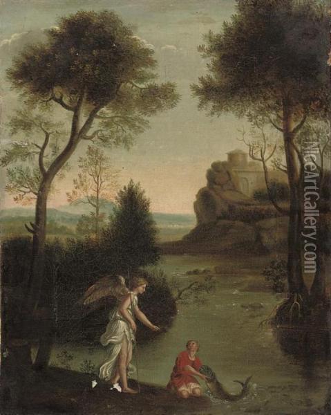 An Italianate Landscape With Tobias And The Angel Oil Painting - Domenico Zampieri (Domenichino)