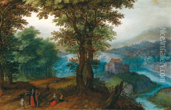 Bewaldete Landschaft Mit Einem Flusschen Und Wanderern Oil Painting - Jan Brueghel the Elder
