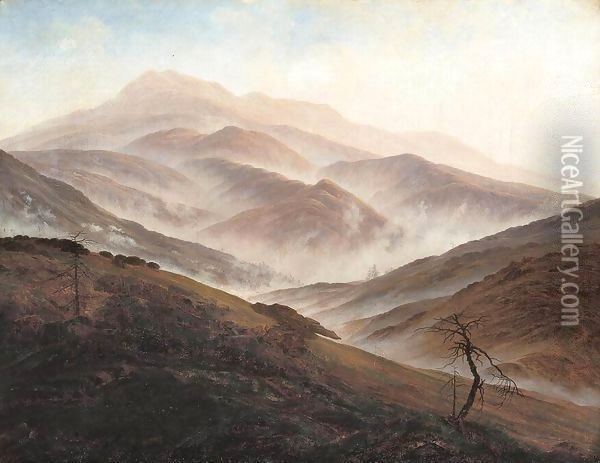 Riesengebirge Landscape with Rising Fog Oil Painting - Caspar David Friedrich