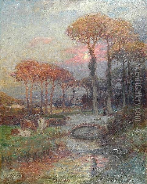 Cattle By A River At Sunrise Oil Painting - John William Schofield