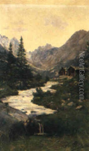 Alpenlandschaft Mit Gebirgsbach Und Chalets Oil Painting - Carlo Pellegrini