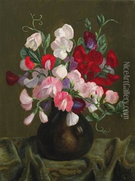Still Life With Lathyrus In A Vase Oil Painting - E.C. (Emil C.) Ulnitz