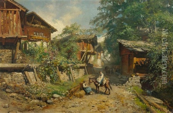 Zwei Madchen Mit Esel In Saviese Oil Painting - Raphael Ritz