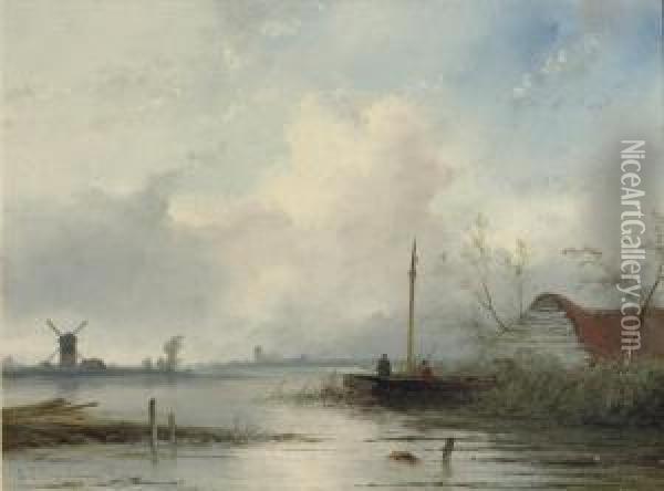 Fishing In A Dutch Polderlandscape Oil Painting - Johannes Franciscus Hoppenbrouwers