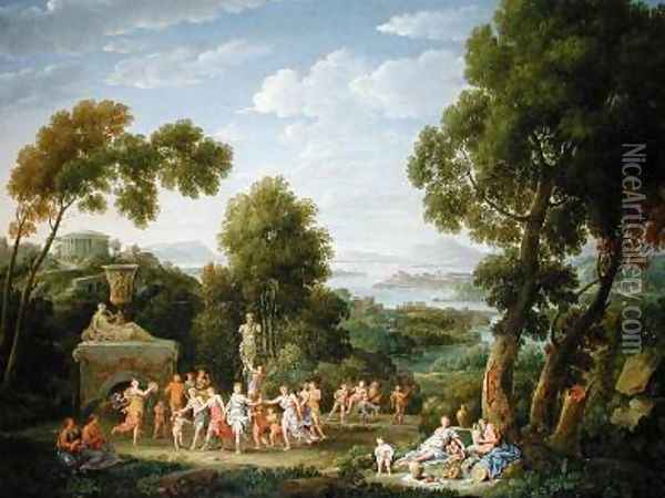 A Wooded Italianate Landscape with Nymphs Dancing 1728 Oil Painting - Hendrik Frans Van Lint