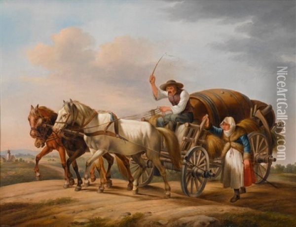 Bauernpaar Mit Dreispannigem Pferdefuhrwerk Oil Painting - Johann Adam Klein