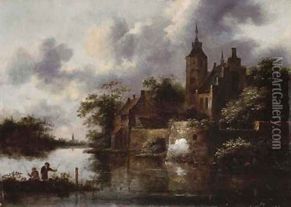A river landscape with a rowing boat by a fortified town, anglers in the foreground Oil Painting - Claes Molenaar (see Molenaer)