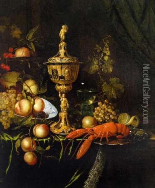 A Lobster On A Silver Dish, An Ornamental Gold Cup And Cover, Fruit In A Porcelain Bowl And On A Silver Tazza, On A Partly Draped Ledge Oil Painting - Pieter Nason