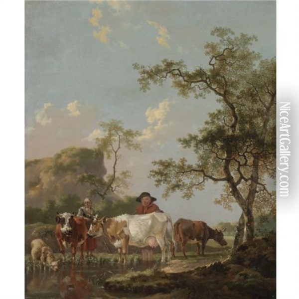 A Landscape With Two Peasants And Their Cattle Beside A Stream Oil Painting - Barend Hendrik Thier