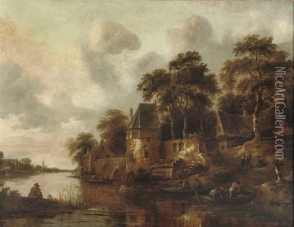 A River Landscape With Fishermen In Their Boats Oil Painting - Nicolaes Molenaer