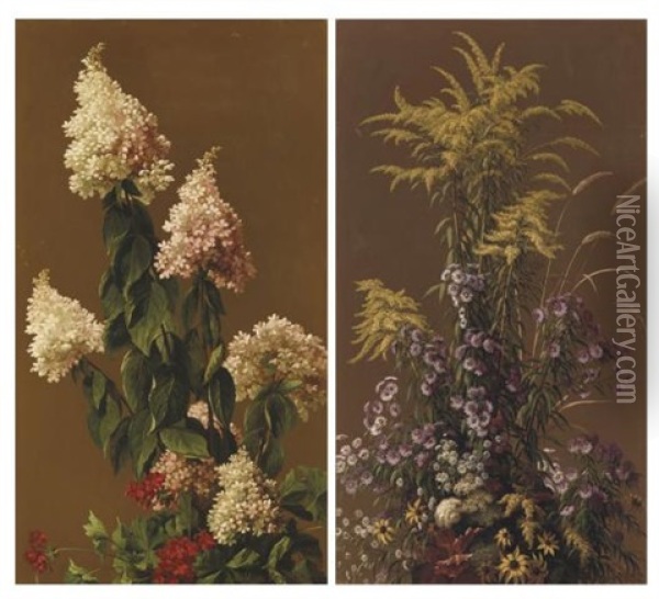 Goldenrod And Other Wild Flowers And Lilacs And Other Garden Flowers (a Pair) Oil Painting - John Ross Key