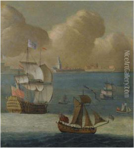 A First Rate Flagship And Other Shipping Of The Royal Navy Off Portsmouth Oil Painting - Isaac Sailmaker
