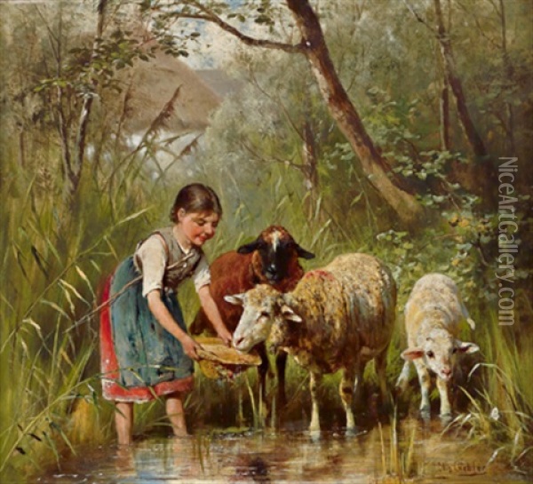 Die Durstigen Schafe Oil Painting - Otto Friedrich Gebler