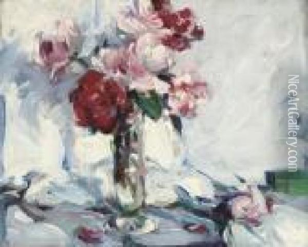 Pink And Red Roses In A Vase Oil Painting - Samuel John Peploe