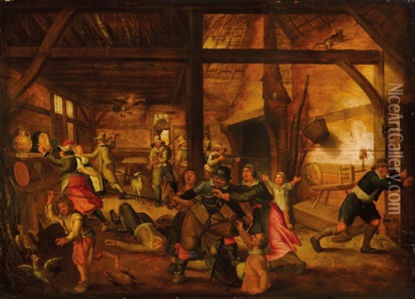 Soldiers Raiding A Farmhouse Oil Painting - Marten van Cleve the Elder