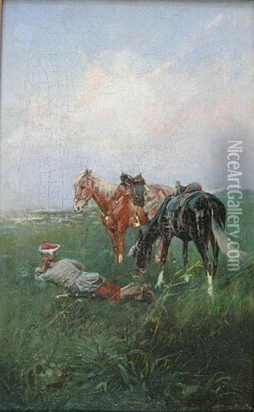 Konie (odpoczynek) Oil Painting - Waclaw Pawliszak